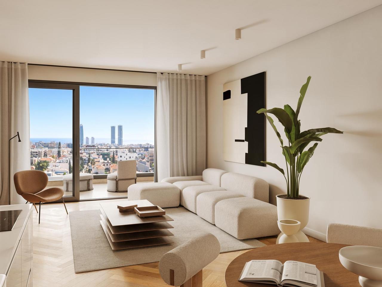 Minimal contemporary apartment interior with Limassol city view